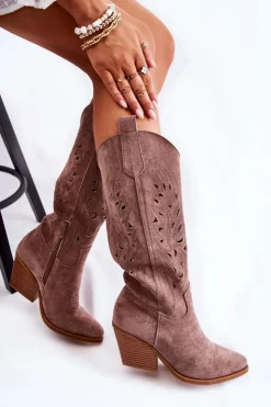 Damskie Boto Zamszowe Kozaki Kowbojki Z Ażurowym Wzorem Brązowe Naya