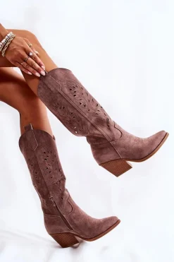 Damskie Boto Zamszowe Kozaki Kowbojki Z Ażurowym Wzorem Brązowe Naya