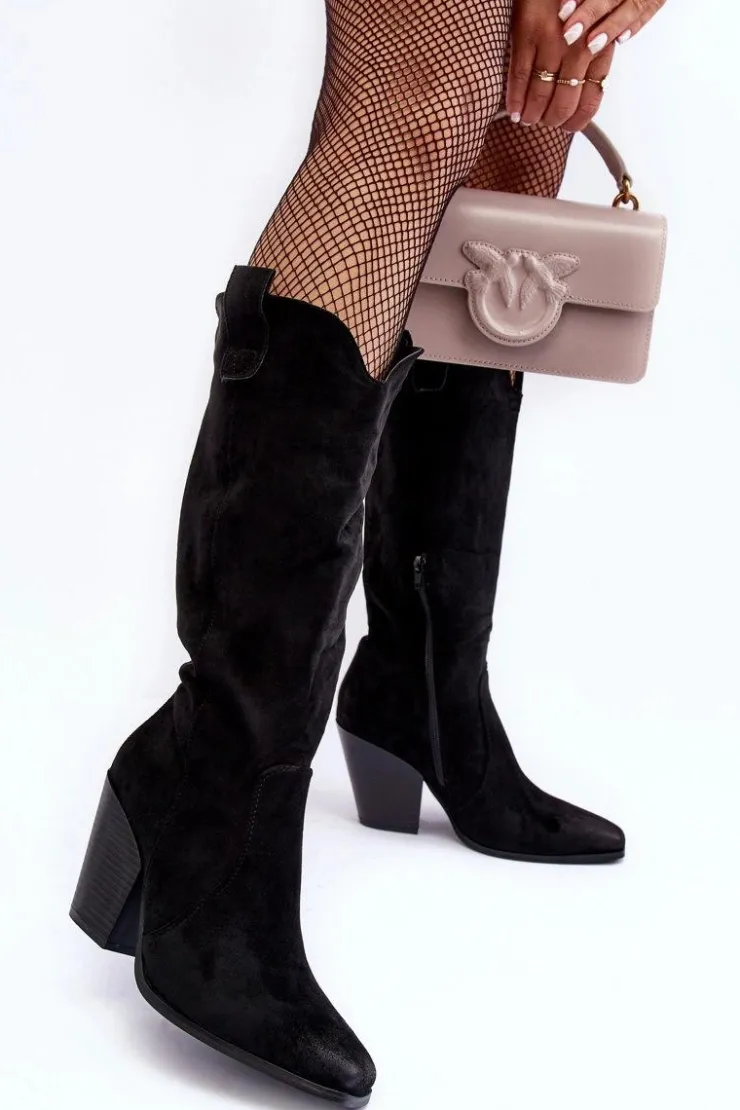 Boto Kozaki Wiosenne|Kozaki Przed Kolano*Zamszowe Kozaki Kowbojki Na Obcasie Czarne Tortana