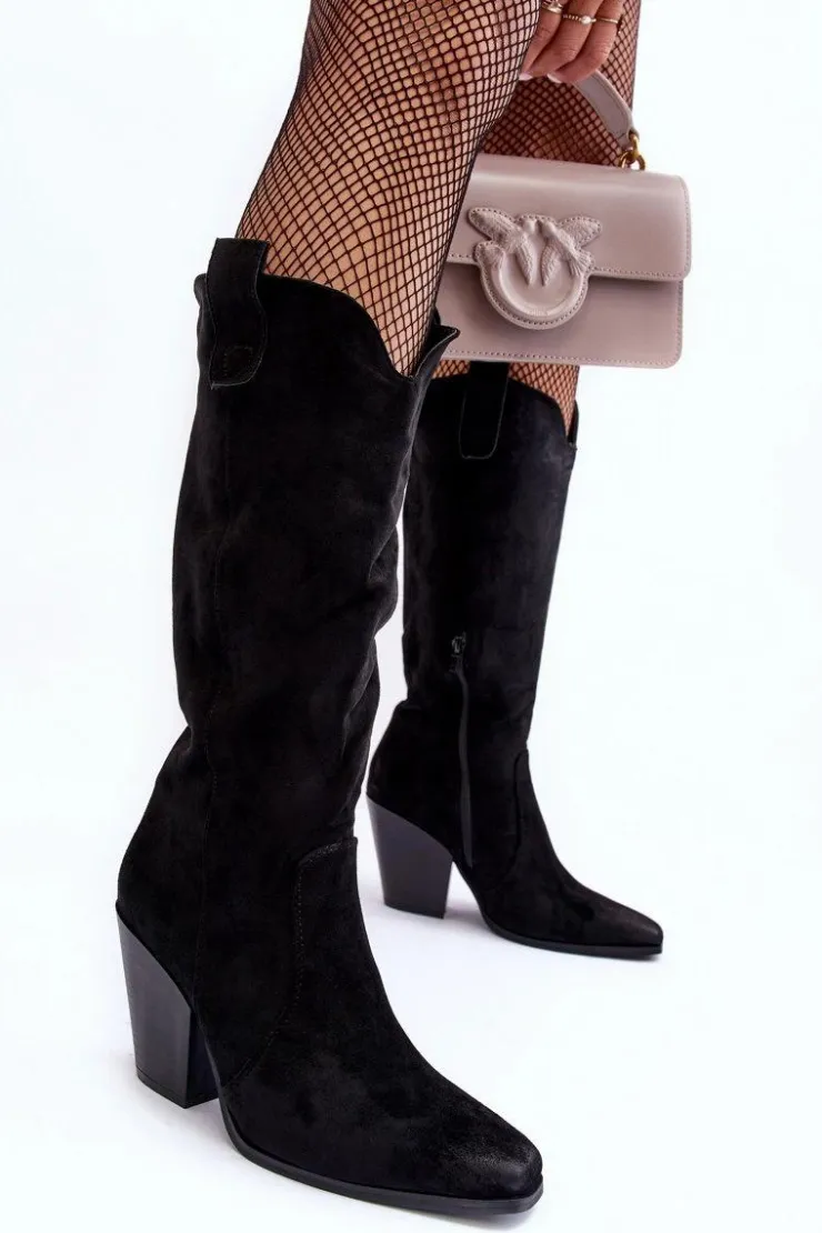 Boto Kozaki Wiosenne|Kozaki Przed Kolano*Zamszowe Kozaki Kowbojki Na Obcasie Czarne Tortana