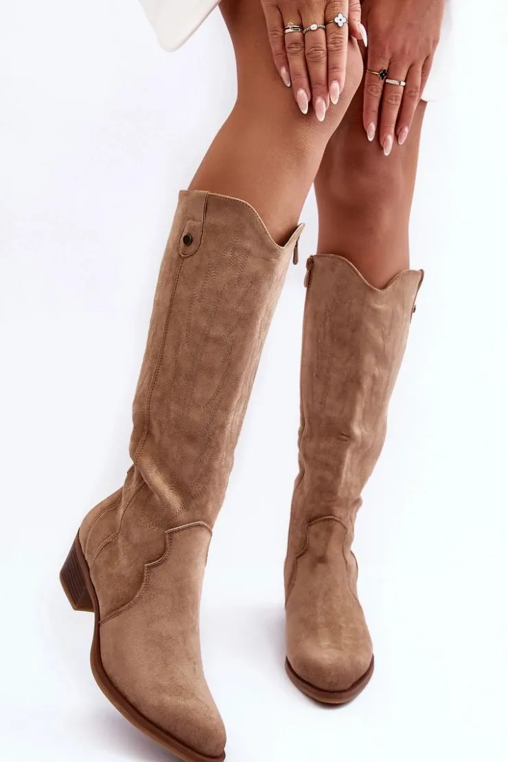 Boto Zamszowe Kozaki Kowbojki Na Niskim Obcasie Beżowe Lunah