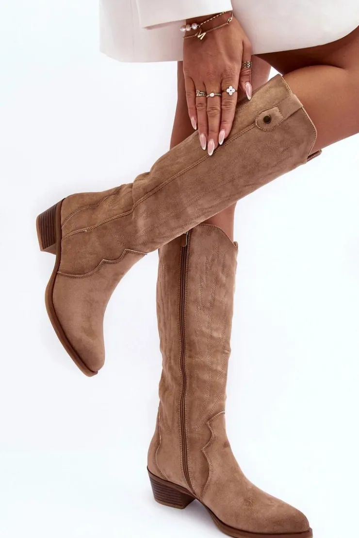 Boto Zamszowe Kozaki Kowbojki Na Niskim Obcasie Beżowe Lunah