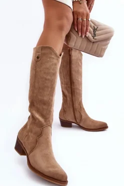 Boto Zamszowe Kozaki Kowbojki Na Niskim Obcasie Beżowe Lunah