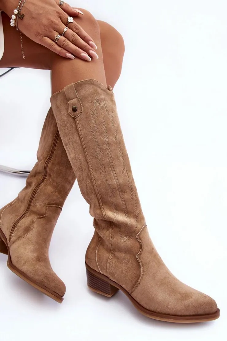 Boto Zamszowe Kozaki Kowbojki Na Niskim Obcasie Beżowe Lunah