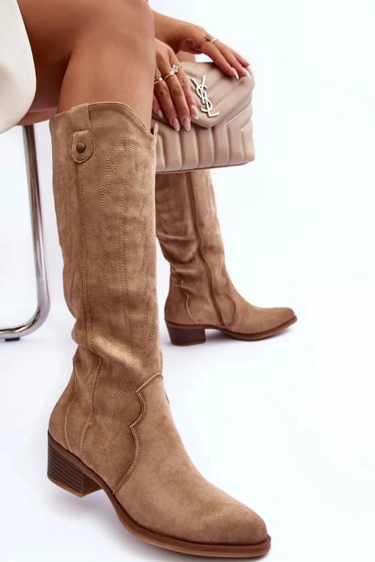 Boto Zamszowe Kozaki Kowbojki Na Niskim Obcasie Beżowe Lunah