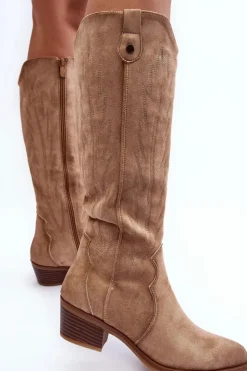 Boto Zamszowe Kozaki Kowbojki Na Niskim Obcasie Beżowe Lunah