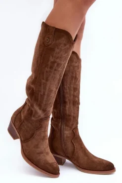 Damskie Boto Zamszowe Kozaki Kowbojki Na Niskim Obcasie Brązowe Lunah