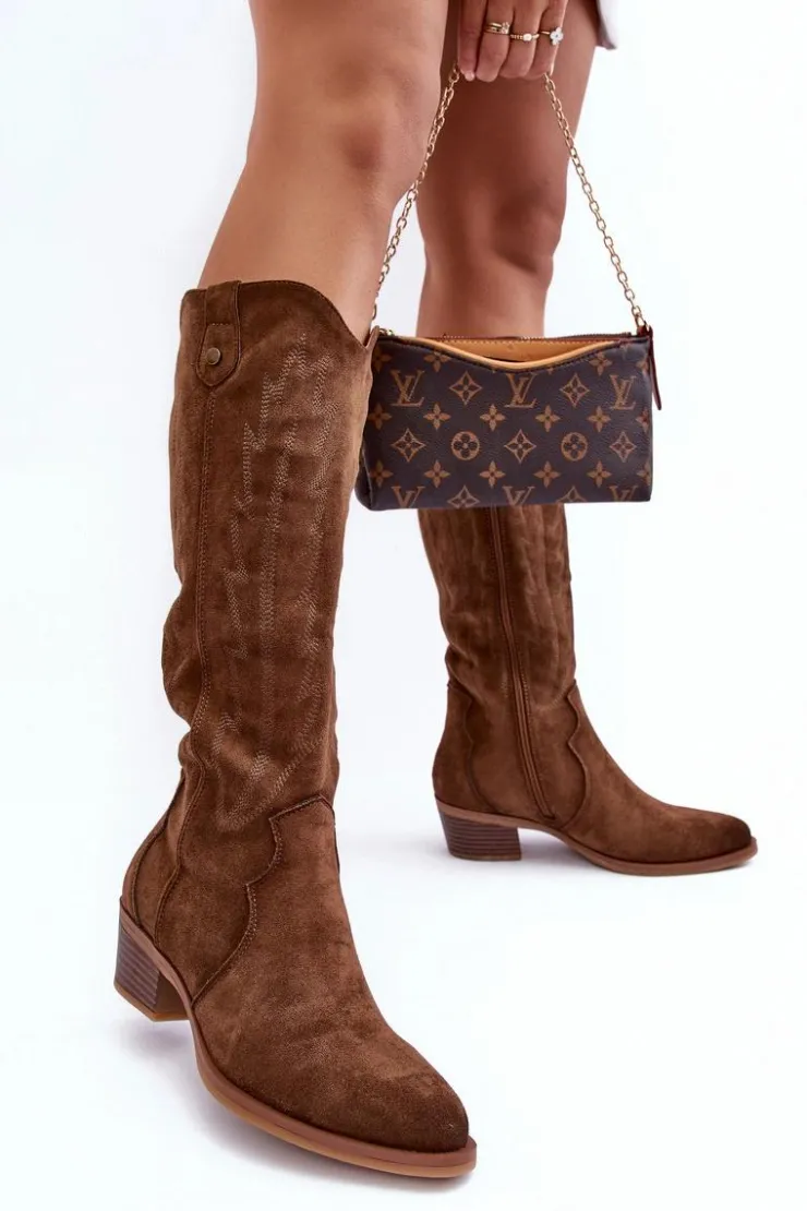 Damskie Boto Zamszowe Kozaki Kowbojki Na Niskim Obcasie Brązowe Lunah