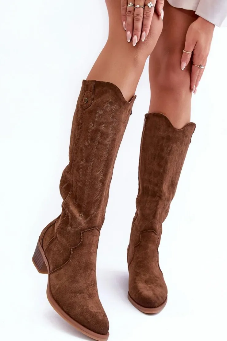 Damskie Boto Zamszowe Kozaki Kowbojki Na Niskim Obcasie Brązowe Lunah