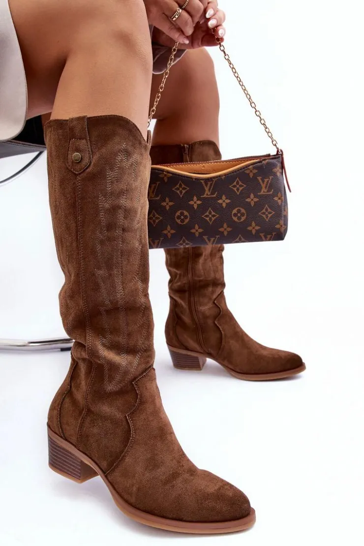 Damskie Boto Zamszowe Kozaki Kowbojki Na Niskim Obcasie Brązowe Lunah