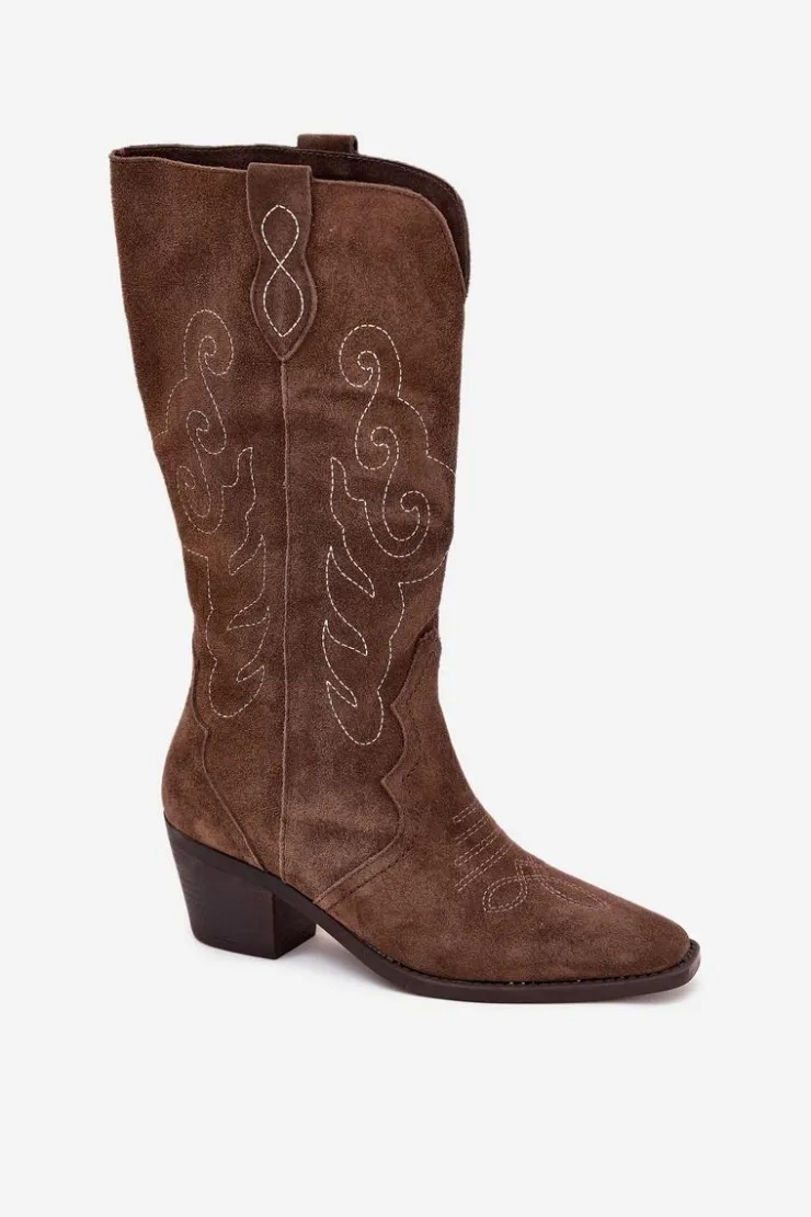 Zazoo Kozaki Ocieplane|Kozaki Na Słupku*Zamszowe Kozaki Kowbojki Damskie Na Obcasie Brązowe Karira Brązowy