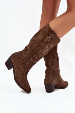 Zazoo Kozaki Ocieplane|Kozaki Na Słupku*Zamszowe Kozaki Kowbojki Damskie Na Obcasie Brązowe Karira Brązowy