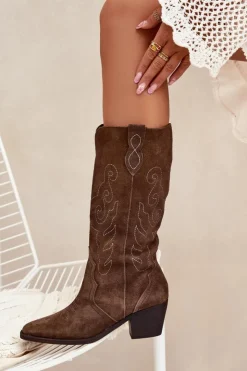 Zazoo Kozaki Ocieplane|Kozaki Na Słupku*Zamszowe Kozaki Kowbojki Damskie Na Obcasie Brązowe Karira Brązowy