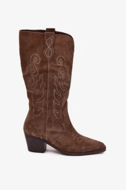Zazoo Kozaki Ocieplane|Kozaki Na Słupku*Zamszowe Kozaki Kowbojki Damskie Na Obcasie Brązowe Karira Brązowy