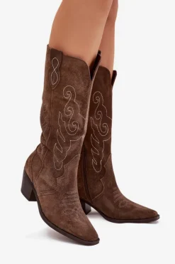 Zazoo Kozaki Ocieplane|Kozaki Na Słupku*Zamszowe Kozaki Kowbojki Damskie Na Obcasie Brązowe Karira Brązowy