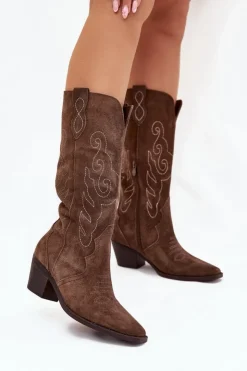 Zazoo Kozaki Ocieplane|Kozaki Na Słupku*Zamszowe Kozaki Kowbojki Damskie Na Obcasie Brązowe Karira Brązowy