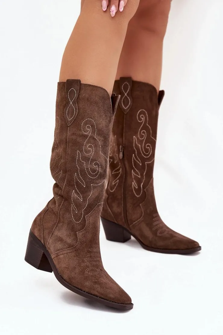 Zazoo Kozaki Ocieplane|Kozaki Na Słupku*Zamszowe Kozaki Kowbojki Damskie Na Obcasie Brązowe Karira Brązowy