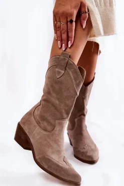 Damskie Boto Zamszowe Kozaki Kowbojki Lewski Shoes 3198 Cappucino