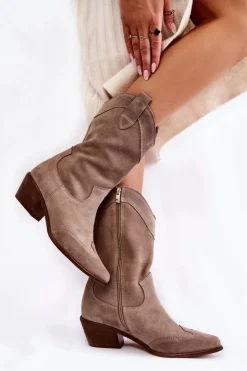 Damskie Boto Zamszowe Kozaki Kowbojki Lewski Shoes 3198 Cappucino