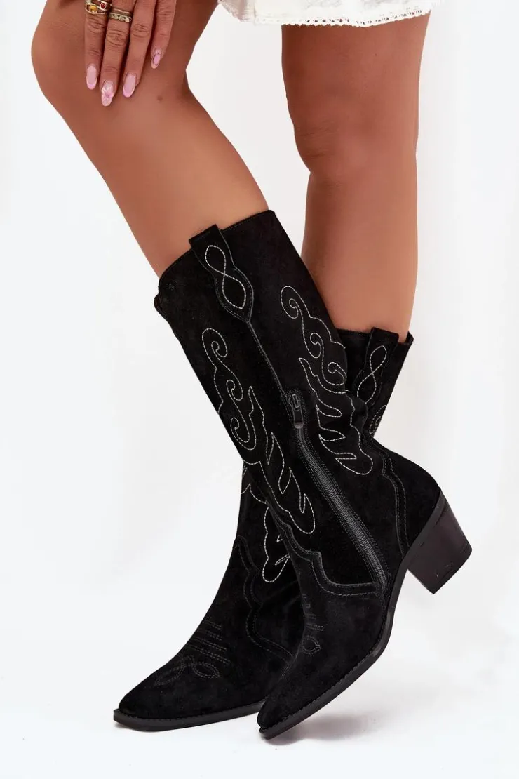 Zazoo Kozaki Ocieplane|Kozaki Na Słupku*Zamszowe Kozaki Kowbojki Damskie Na Obcasie Czarne Karira Czarny