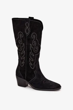 Zazoo Kozaki Ocieplane|Kozaki Na Słupku*Zamszowe Kozaki Kowbojki Damskie Na Obcasie Czarne Karira Czarny