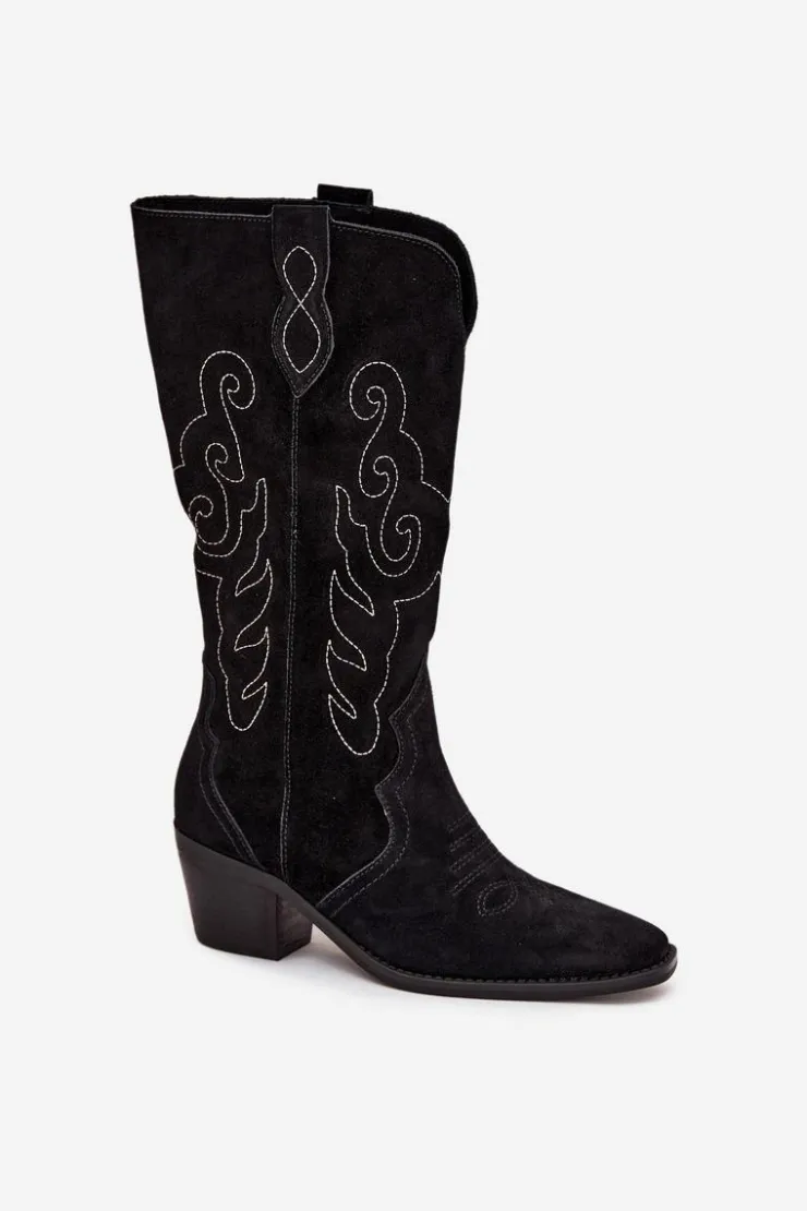 Zazoo Kozaki Ocieplane|Kozaki Na Słupku*Zamszowe Kozaki Kowbojki Damskie Na Obcasie Czarne Karira Czarny