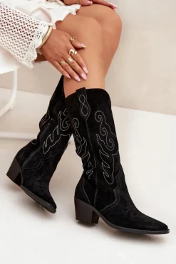 Zazoo Kozaki Ocieplane|Kozaki Na Słupku*Zamszowe Kozaki Kowbojki Damskie Na Obcasie Czarne Karira Czarny