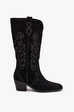 Zazoo Kozaki Ocieplane|Kozaki Na Słupku*Zamszowe Kozaki Kowbojki Damskie Na Obcasie Czarne Karira Czarny