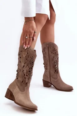 Boto Kozaki Wiosenne|Kozaki Ażurowe*Zamszowe Kozaki Kowbojki Ażurowe Ciemnobeżowe Lewski 3320