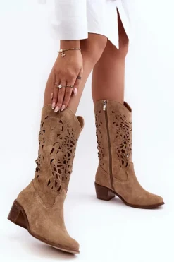 Boto Zamszowe Kozaki Kowbojki Ażurowe Beżowe Lewski 3320