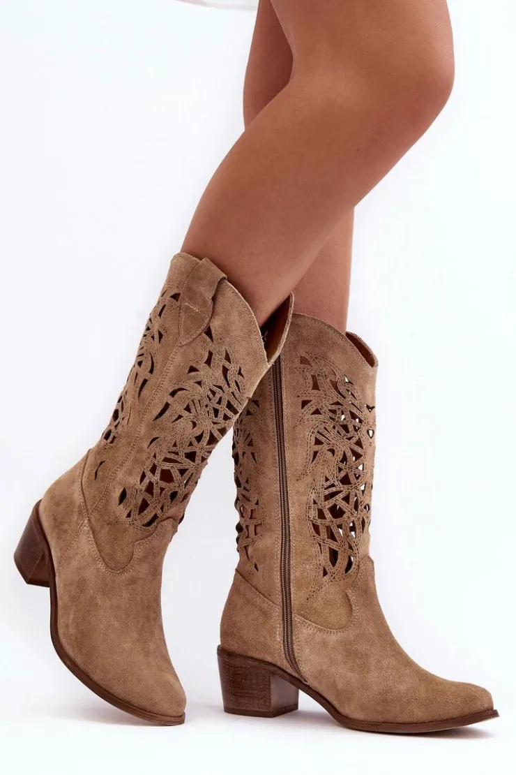 Boto Zamszowe Kozaki Kowbojki Ażurowe Beżowe Lewski 3320