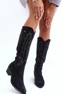 Sale Boto Zamszowe Kozaki Kowbojki Na Niskim Obcasie Czarne Lunah