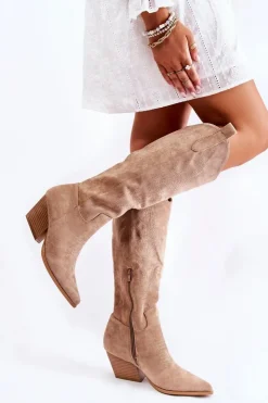 Boto Kozaki Wiosenne|Kozaki Przed Kolano*Zamszowe Kozaki Kowbojki Z Przeszyciami Ciemnobeżowe Beverly