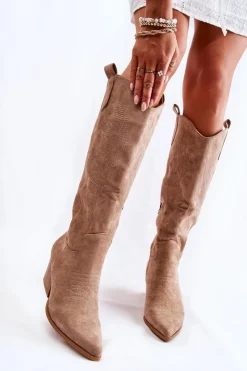 Boto Kozaki Wiosenne|Kozaki Przed Kolano*Zamszowe Kozaki Kowbojki Z Przeszyciami Ciemnobeżowe Beverly