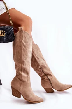 Boto Kozaki Wiosenne|Kozaki Przed Kolano*Zamszowe Kozaki Kowbojki Z Przeszyciami Ciemnobeżowe Beverly