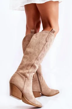 Boto Kozaki Wiosenne|Kozaki Przed Kolano*Zamszowe Kozaki Kowbojki Z Przeszyciami Ciemnobeżowe Beverly