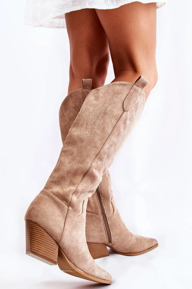 Boto Kozaki Wiosenne|Kozaki Przed Kolano*Zamszowe Kozaki Kowbojki Z Przeszyciami Ciemnobeżowe Beverly