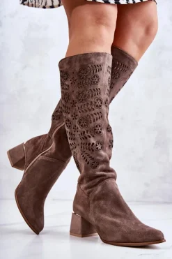 Damskie Boto Zamszowe Kozaki Lewski Ażurowe Brązowe Romena