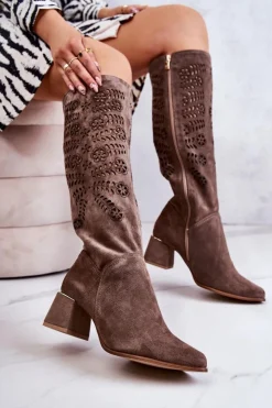 Damskie Boto Zamszowe Kozaki Lewski Ażurowe Brązowe Romena