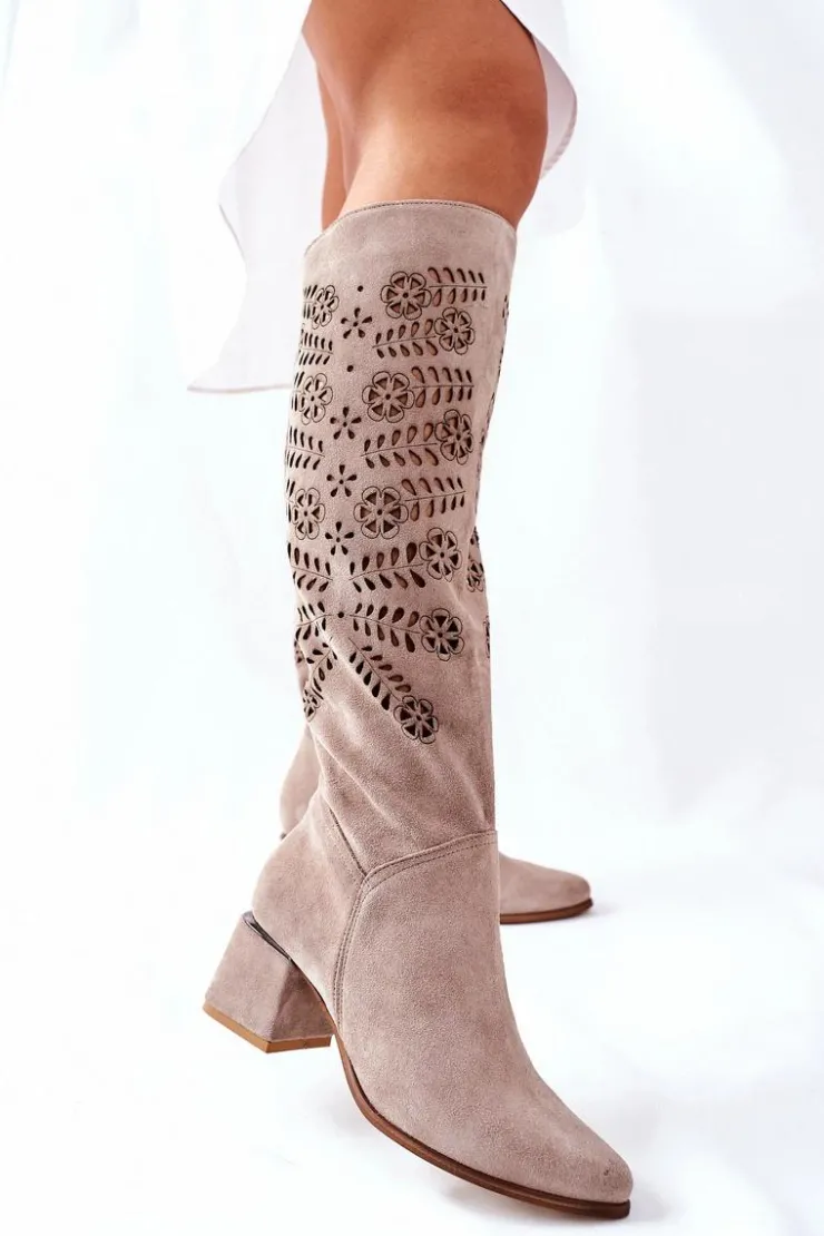Online Boto Zamszowe Kozaki Lewski Ażurowe Beżowe Romena