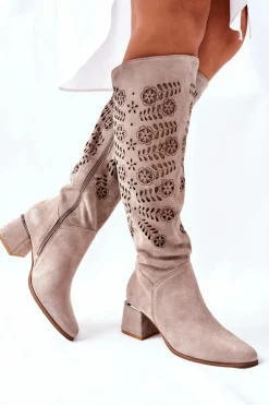 Online Boto Zamszowe Kozaki Lewski Ażurowe Beżowe Romena