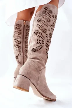 Online Boto Zamszowe Kozaki Lewski Ażurowe Beżowe Romena