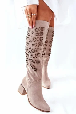 Online Boto Zamszowe Kozaki Lewski Ażurowe Beżowe Romena