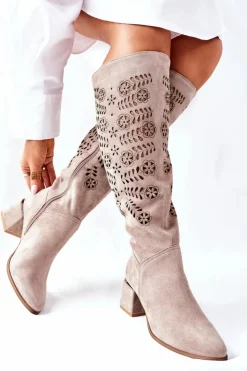 Online Boto Zamszowe Kozaki Lewski Ażurowe Beżowe Romena
