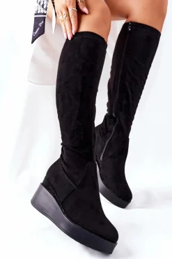 Damskie Damskie buty S.Barski Zamszowe Kozaki Na Koturnie S. Barski Czarne Celina