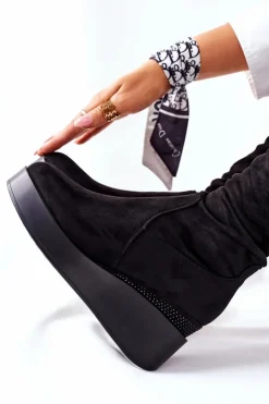 Damskie Damskie buty S.Barski Zamszowe Kozaki Na Koturnie S. Barski Czarne Celina