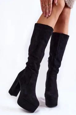 Boto Kozaki Wiosenne|Kozaki Przed Kolano*Zamszowe Kozaki Na Masywnym Obcasie I Platformie Czarne Nevira