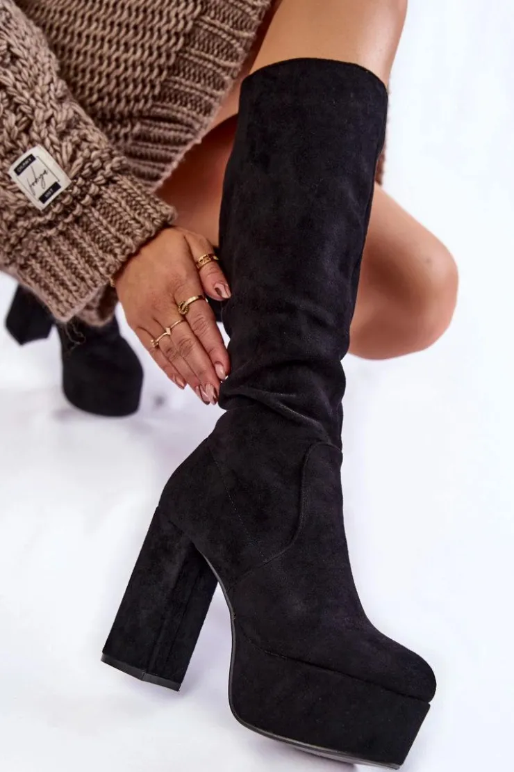 Boto Kozaki Wiosenne|Kozaki Przed Kolano*Zamszowe Kozaki Na Masywnym Obcasie I Platformie Czarne Nevira