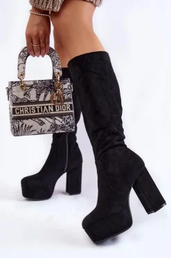 Boto Kozaki Wiosenne|Kozaki Przed Kolano*Zamszowe Kozaki Na Masywnym Obcasie I Platformie Czarne Nevira