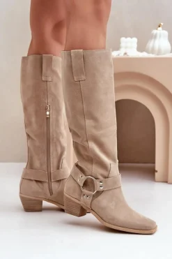 Online Zazoo Zamszowe Kozaki Na Niskim Obcasie Z Cholewką Przed Kolano 3444/O Jasnobeżowe Beżowy